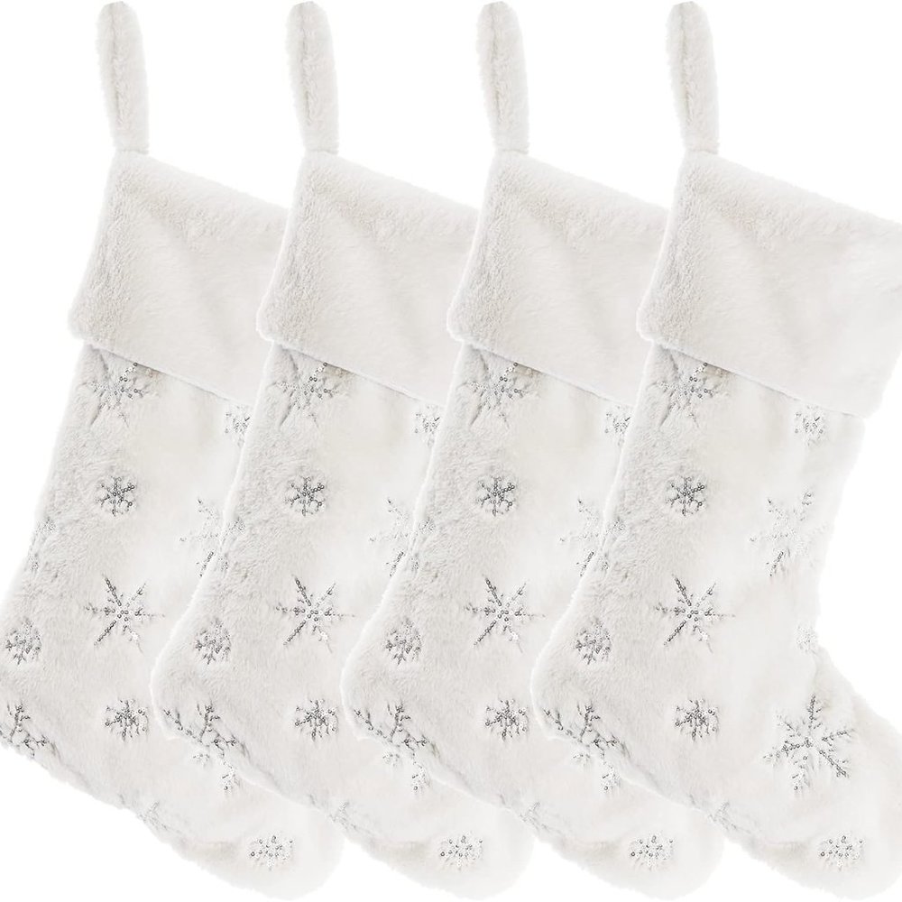 Meriwoods Faux Fur Christmas Stocking 4 pk Sequin Flakes Xmas Decor White NIP